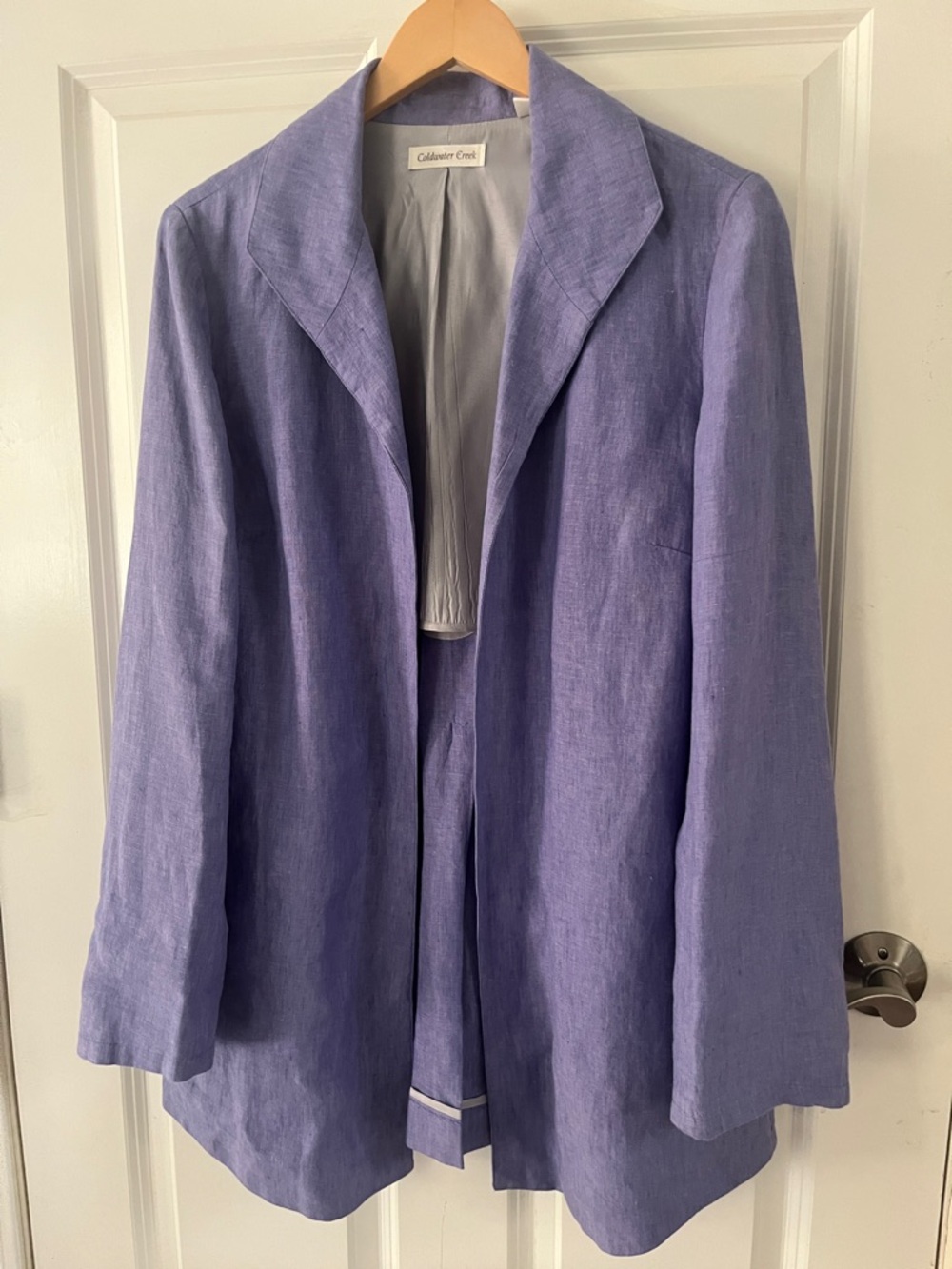 Coldwater Creek 100% linen periwinkle open front oversized ladies blazer size 12